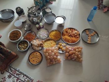 High angle view of breakfast on table