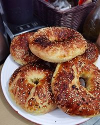 High angle view of bread in plate on table