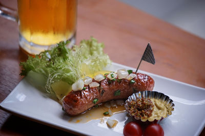 High angle view of food in plate on table