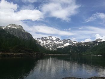 Scenic view of lake by snowcapped mountains against sky