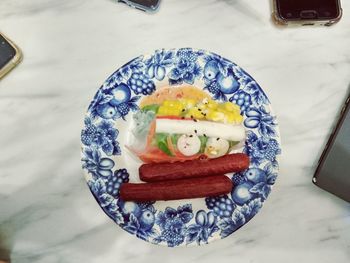 High angle view of dessert in plate on table