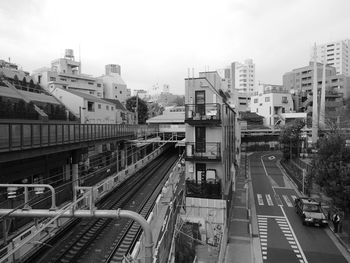 High angle view of railway tracks in city