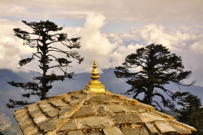 Low angle view of trees and building against sky