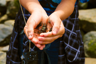 Midsection of woman holding crab