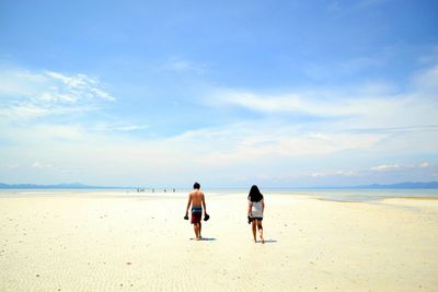Rear view of friends on beach against sky