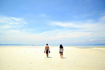 Rear view of friends on beach against sky