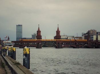 Bridge over river with city in background