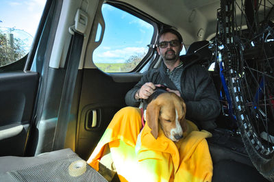 Close-up of dog in car