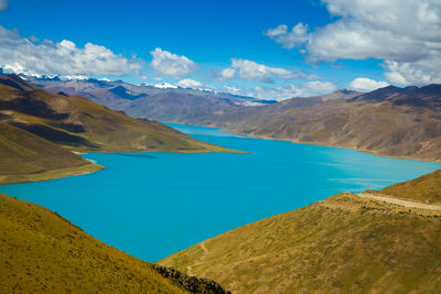 Panoramic view of lake and mountains against blue sky