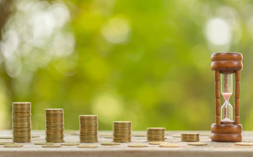 Close-up of coins on table