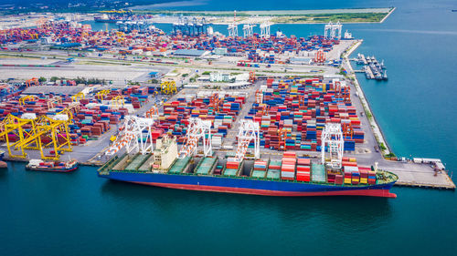 High angle view of ship containers and commercial dock industry 