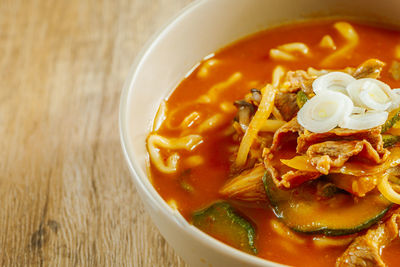 High angle view of soup in bowl on table