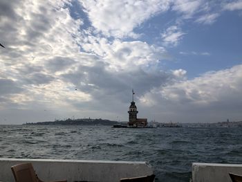 Scenic view of sea by building against sky