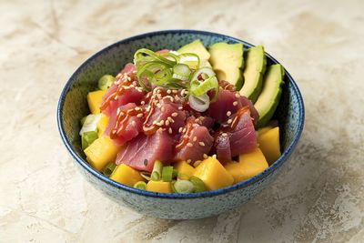 High angle view of food in bowl on table