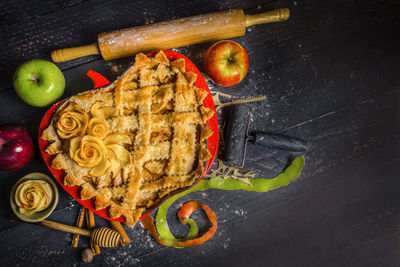 Apple pie plate decorative wood cinnamon baking honey food prep styled