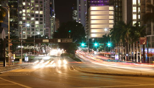 Light trails on road at night