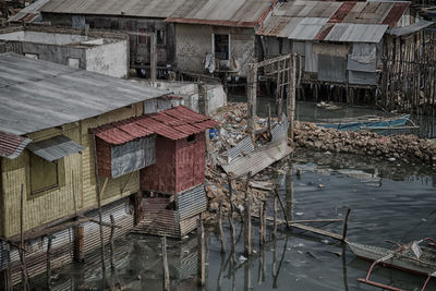 High angle view of old buildings in city