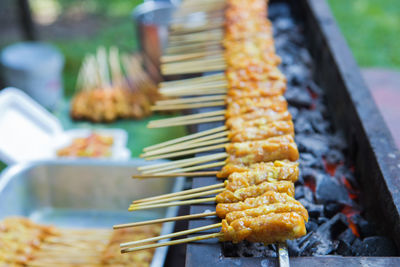 Close-up of meat on barbecue grill