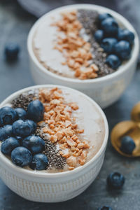 High angle view of breakfast in bowls on table