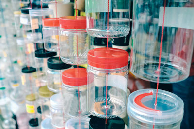 Close-up of bottles in laboratory