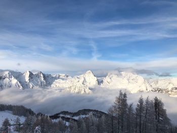 Scenic view of snowcapped mountains against sky