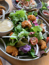 High angle view of food in plate on table