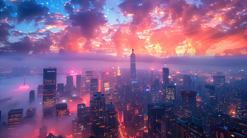 High angle view of illuminated cityscape against sky during sunset