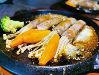 High angle view of food in cooking pan