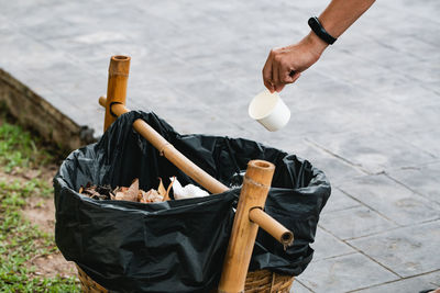 High angle view of man preparing food