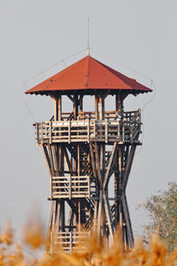 Low angle view of old tower against clear sky