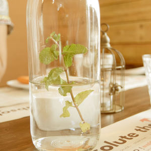 Close-up of mint leaves in water bottle on table