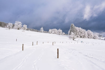 Snow covered landscape against sky