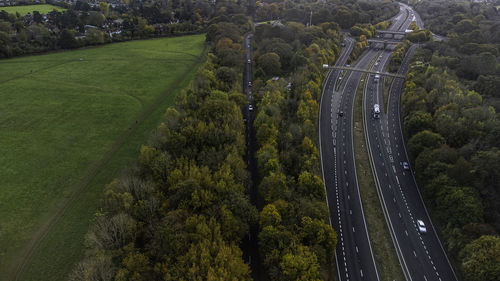 High angle view of road amidst trees