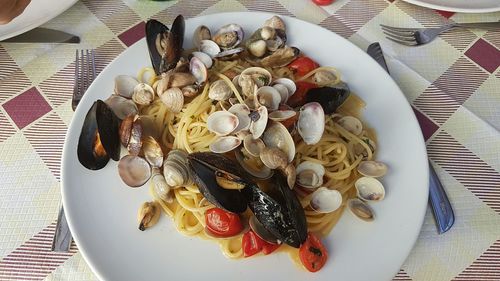 High angle view of food in plate on table