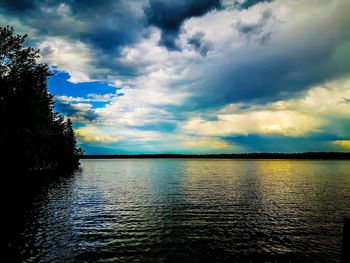 Scenic view of river against cloudy sky