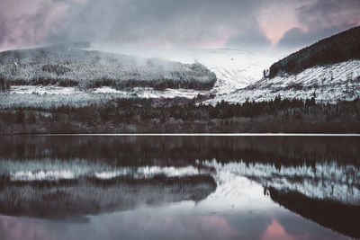 Scenic view of lake by snowcapped mountains against sky