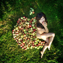 High angle view of naked woman sitting with apples on grass outdoors