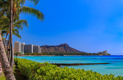 Scenic view of sea against clear blue sky