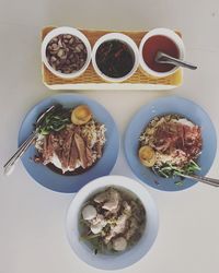 High angle view of food served on table