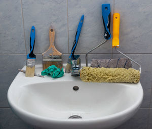 High angle view of faucet in bathroom at home