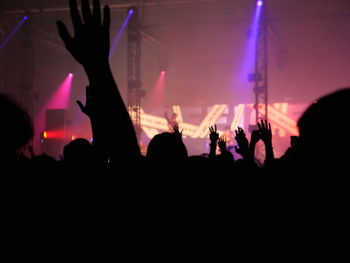 Silhouette people enjoying music concert at night