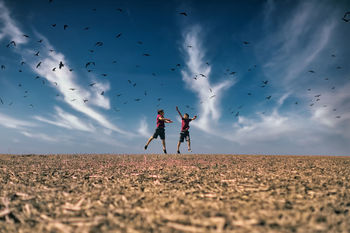 Kids jumping in a field with birds 