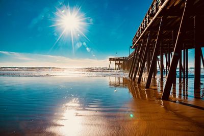 Scenic view of sea against bright sun