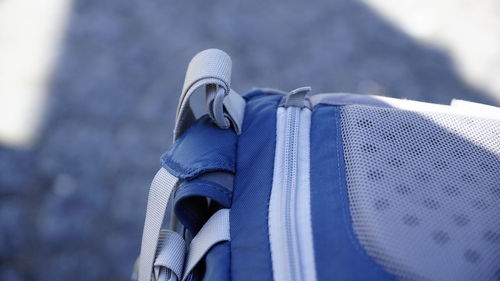 Close-up of blue backpack