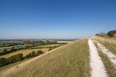 Scenic view of landscape against clear blue sky