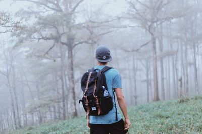 Rear view of man walking on bare trees