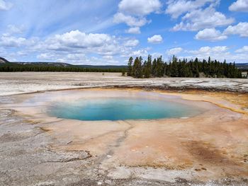 Scenic view of blue sky and colorful grand prismatic spring in yellowstone national park