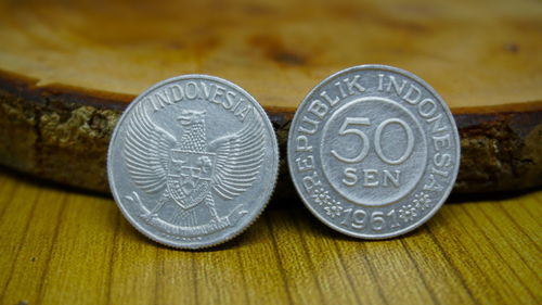 Close-up of coins on table