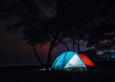 View of tent in forest at night