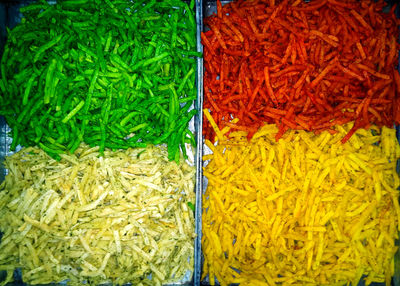 High angle view of multi colored vegetables for sale in market